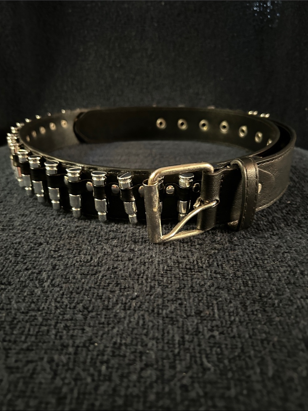 Black Faux Leather Punk Rock Belt with a Row of 34 Silver Tone Bullets & Studs